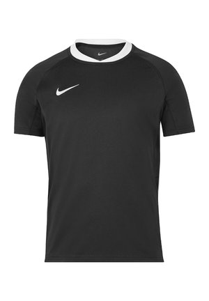 Black short-sleeve Nike sports shirt with white round collar and white Nike logo on the right chest.