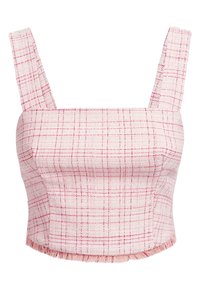 Top corto a quadri rosa e bianco con spalline larghe e scollatura quadrata, caratterizzato da un orlo frangiato sottile.