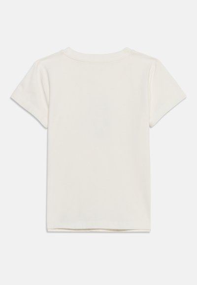 T-shirt blanc uni à manches courtes, posé à plat, montrant le dos avec un col rond et un design simple.