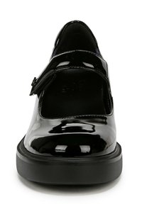 Scarpe Mary Jane in vernice nera con punta rotonda, una sola fascia all'altezza del piede e una suola nera spessa.