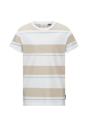 T-Shirt mit kurzen Ärmeln aus Baumwolle, mit horizontalen Streifen in Weiß, Beige und Hellblau. Klassisches Rundhalsdesign.