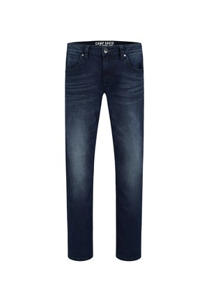 Dunkelblaue Jeans mit dezentem, verwaschenem Effekt. Standard-Design mit fünf Taschen, Knopfverschluss und gebrandetem Bund.