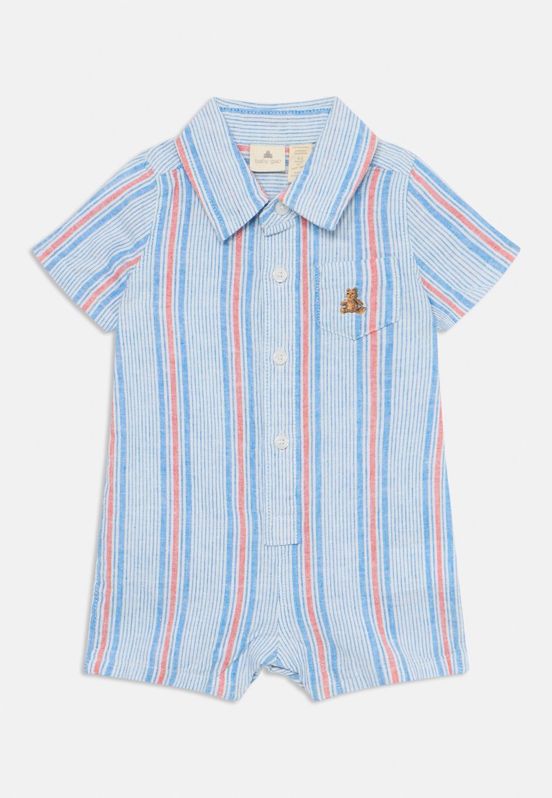 Striped short-sleeve romper in blue, red, and white with a collar, button front, and a small embroidered bear on the chest pocket.
