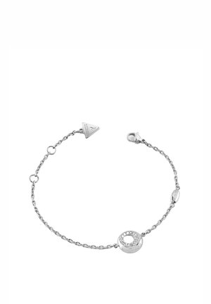 Zilveren kettingarmband met een ronde hanger bezet met kleine kristallen en een klein driehoekig logootje eraan bevestigd.