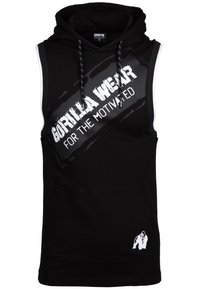 Svart ärmlös hoodie med frampocket. Har vit logotyptext "GORILLA WEAR FOR THE MOTIVATED" och en liten gorillagrafik.
