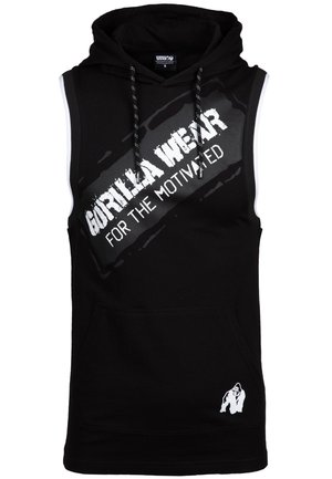 Sort ærmeløs hættejakke med frontlomme. Har hvidt logo-tekst "GORILLA WEAR FOR THE MOTIVATED" og et lille gorilla grafisk billede.