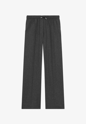 Pantaloni a gamba larga in tessuto grigio scuro, con una vita elastica e un cordoncino. Texture liscia senza motivi o rifiniture visibili.