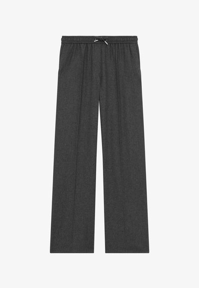 Zijde-brede broek in donkergrijze stof, met een elastische tailleband en een trekkoord. Soepele textuur zonder zichtbare patronen of accenten.