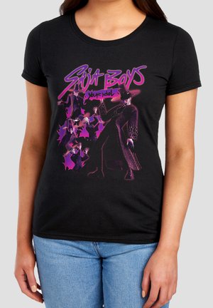 Black t-shirt with purple graphic of multiple characters in top hats and text "Spija Boys Your Idol" in stylized font.