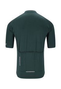 Kurzärmliges Radtrikot in dunkelgrün, aus leichtem Stoff gefertigt, mit drei Rückentaschen und reflektierenden Akzenten.