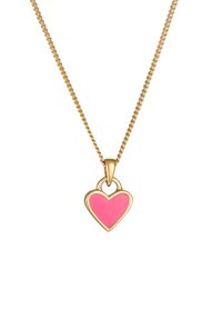 Goldkette mit einem Herzanhänger. Der Anhänger hat ein Zentrum aus pinkem Emaille, das von Gold umrandet ist, mit einer glatten Textur.