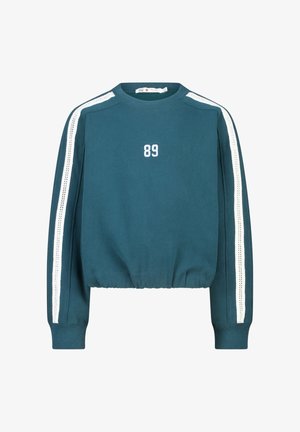Sweat-shirt court bleu sarcelle avec des bandes blanches sur les côtés, arborant le numéro "89" en blanc sur le devant. Confectionné en tissu doux avec des poignets côtelés.