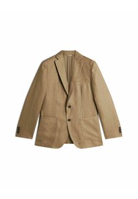 Blazer in lino marrone chiaro con design monopetto, rever a lancia, due tasche frontali e bottoni decorativi sulle maniche.