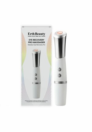 Biały elektryczny masażer do oczu z srebrną nakrętką i okrąłym, różowo-złotym akcentem na górze. Posiada dwa przyciski do obsługi. Opakowanie przedstawia markę i korzyści.