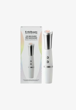 Biały elektryczny masażer do oczu z srebrną nakrętką i okrąłym, różowo-złotym akcentem na górze. Posiada dwa przyciski do obsługi. Opakowanie przedstawia markę i korzyści.