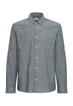 Pilkais ilgomis rankovėmis marškiniai su sagomis, dygliuotu apykakliu, matomomis baltomis sagomis priekyje ir ant rankovių, paprasto audinio tekstūra.