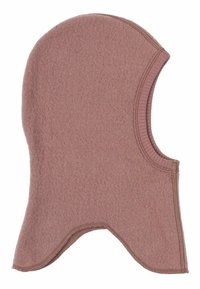Fleece-Balaclava in gedämpftem Rosa. Hat eine runde Oberseite, ein offenes Gesicht und gestickte Kanten. Weiche Textur, geeignet für kaltes Wetter.