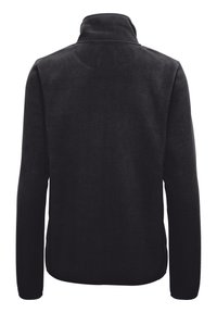 Sort fleecejakke med høj krave og lange ærmer. Stoffet har et blødt, tekstureret udseende uden synlige mønstre eller accenter.