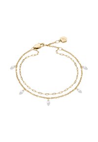 Gul dobbel kædearmbånd med dråbeformede, klare krystaller, med en lobsterlås og tag. Glat overflade med blank finish.