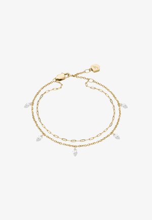 Bracciale a doppia catena dorata con cristalli trasparenti a forma di goccia, dotato di chiusura a mollanino e etichetta. Texture liscia con finitura lucida.