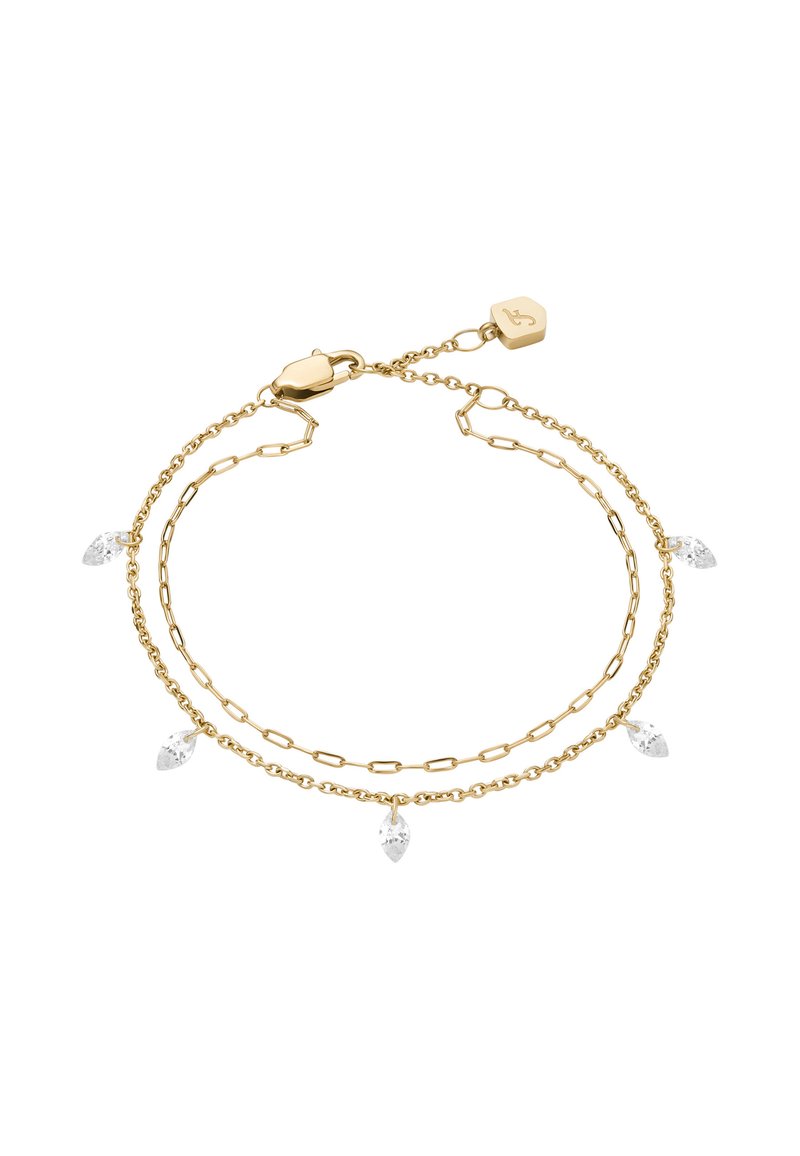 Gul dobbel kædearmbånd med dråbeformede, klare krystaller, med en lobsterlås og tag. Glat overflade med blank finish.