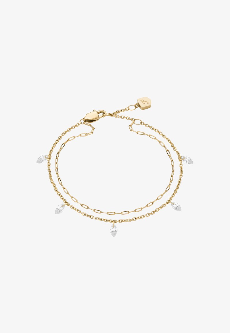 Gul dobbel kædearmbånd med dråbeformede, klare krystaller, med en lobsterlås og tag. Glat overflade med blank finish.