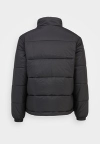 Svart puffjacka med hög krage, kviltad design, elastiska mudd och en något kortad passform. Slät, glänsande textur utan synlig branding.