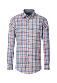 Langärmliges kariertes Hemd in Blau, Rot und Weiß. Button-Down-Kragen mit einer einzelnen Brusttasche. Weicher, gewebter Stoff mit taillierter Passform.