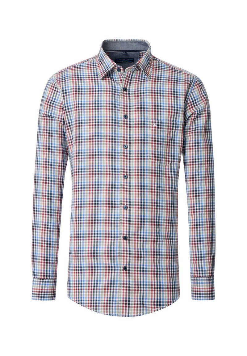 Langärmliges kariertes Hemd in Blau, Rot und Weiß. Button-Down-Kragen mit einer einzelnen Brusttasche. Weicher, gewebter Stoff mit taillierter Passform.