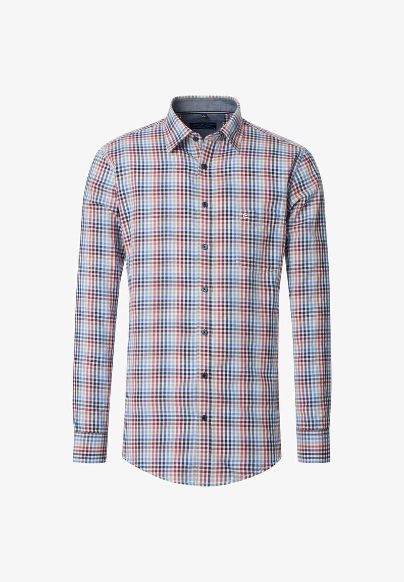 Langärmliges kariertes Hemd in Blau, Rot und Weiß. Button-Down-Kragen mit einer einzelnen Brusttasche. Weicher, gewebter Stoff mit taillierter Passform.