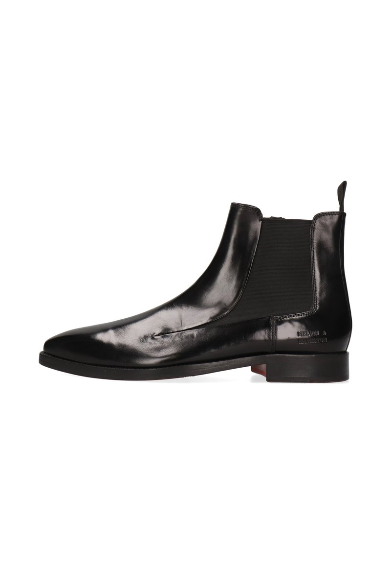 Schwarze Leder-Stiefelette mit glatter Oberfläche, elastischen seitlichen Einsätzen, einer stabilen Sohle und einem leichten Absatz. Verfügt über dezente Markenkennzeichnung am Absatz.