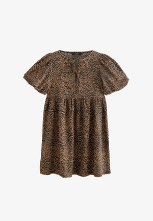 Leopardi mustriga kleit lühikeste puffvarrukatega, ümmarguse kaelusega ja kokkutõmmatud vöökoht. Valmistatud kergest kangast, millel on sile tekstuur.