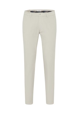 Hellbeige Baumwollchinos mit slim fit, flachem Bund, Reißverschluss und zwei seitlichen Taschen. Glatte Textur mit subtilen Nähdetails.