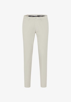 Hellbeige Baumwollchinos mit slim fit, flachem Bund, Reißverschluss und zwei seitlichen Taschen. Glatte Textur mit subtilen Nähdetails.