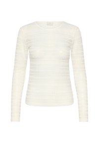 Langärmliges Oberteil in Creme mit strukturierten horizontalen Streifen und Rundhalsausschnitt. Hergestellt aus leichtem Material, bietet eine taillierte Silhouette.