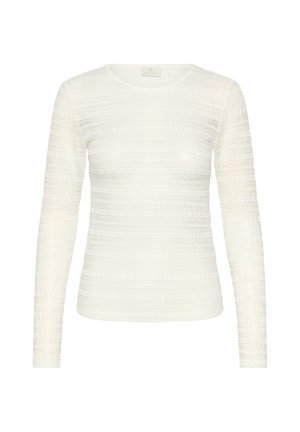 Bluza cu mânecă lungă, de culoare crem, cu dungi orizontale texturate și guler rotund. Fabricată dintr-un material ușor, oferă o siluetă ajustată.