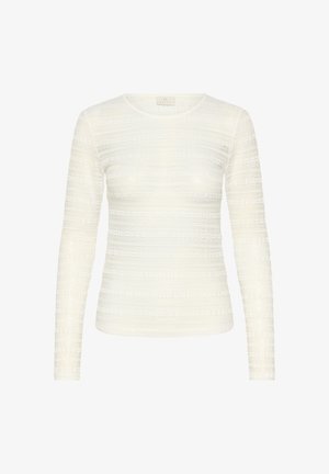 Maglia a maniche lunghe color crema con strisce orizzontali testurizzate e scollo rotondo. Realizzata in tessuto leggero, offre una silhouette aderente.