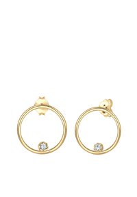 Goldene Creolen mit einem kreisförmigen Design, jeweils mit einem kleinen klaren Stein am unteren Ende der Creole, glatte Textur und sichere Verschlussmechanik.