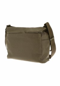 Borsa a tracolla in tessuto marrone con texture, dotata di tracolla regolabile e chiusura superiore con zip.