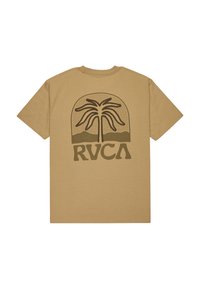 Beige katoenen t-shirt met een grote zwarte grafiek van een palmboom en bergen, met daaronder de tekst "RVCA" op de achterkant.