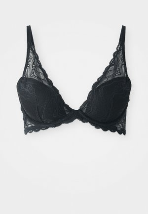 Black lace bra with a plunging neckline, featuring scalloped edges, triangular cups, and thin adjustable straps. Textured floral pattern.