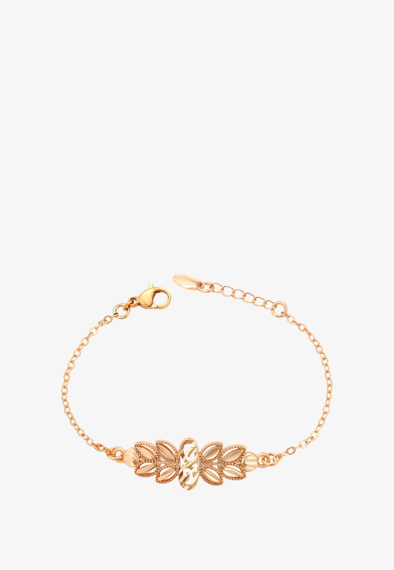 Finom arany karkötő lánccal és középső díszítéssel, amely bonyolult levél alakú és ovális láncszemekből áll, pókokapcsos záródással.