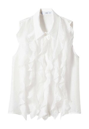 Witte mouwloze blouse met een kraag en cascaderende volantdetails aan de voorkant, gemaakt van lichtgewicht stof.