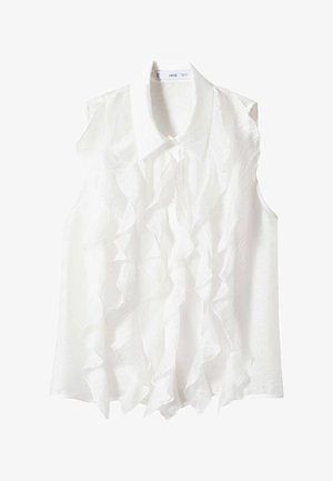Biała bluzka bez rękawów z kołnierzykiem i kaskadowymi falbanami z przodu, wykonana z lekkiego materiału.