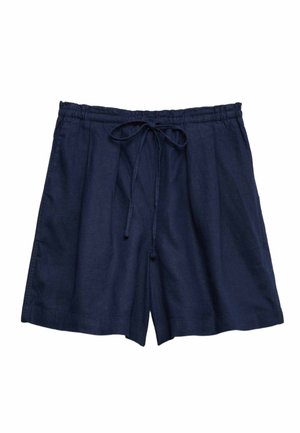 Pantalones cortos de algodón azul marino con cintura elástica y cordón ajustable, corte relajado, longitud hasta la rodilla, estilo casual.
