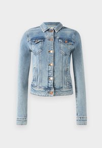 Svetlo modra denim jakna z dolgimi rokavi, sprednjim zapenjanjem na gumbe, dvema žepoma na prsih in bakrenimi gumbi. Klasičen dizajn jeans jakne.