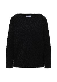 Černý top s dlouhým rukávem a strukturovaným leopardím vzorem. Měkká látka, kulatý výstřih a pohodlný střih. Na límci je viditelná značka.