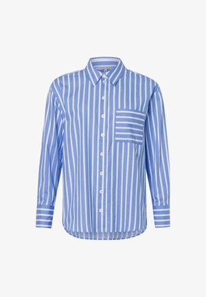Langarmshirt in Blau-weiß mit Kragen, vorderer Knopfleiste und einer Tasche mit horizontalen Streifen. Hergestellt aus leichtem Stoff.