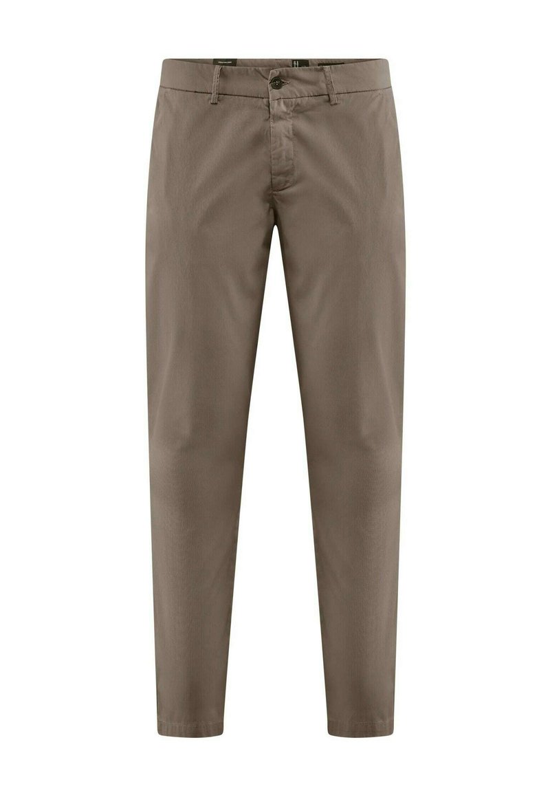 Chino marroni con vestibilità slim, realizzati in tessuto di cotone. Presentano una chiusura zeppa, un bottone e tasche frontali. Tessuto morbido e design sartoriale.