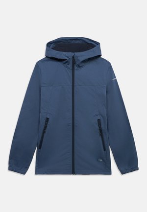 Μπλε μπουφάν με κουκούλα, πλήρες φερμουάρ μπροστά, δύο πλευρικές θήκες με φερμουάρ και ελαστικά μανίκια, εμφανίζεται σε απλό λευκό φόντο.